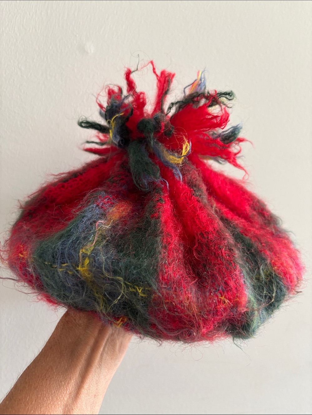 Vintage tam-o-shanter hat, mohair, red/blue/green plaid, pom pom, OS